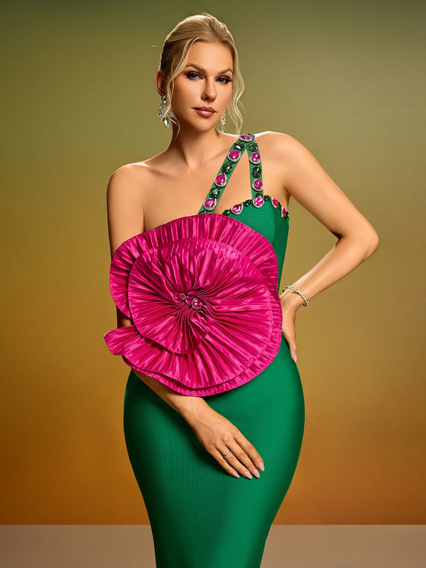 Pleated Flower Crystal Bandage Midi Dress