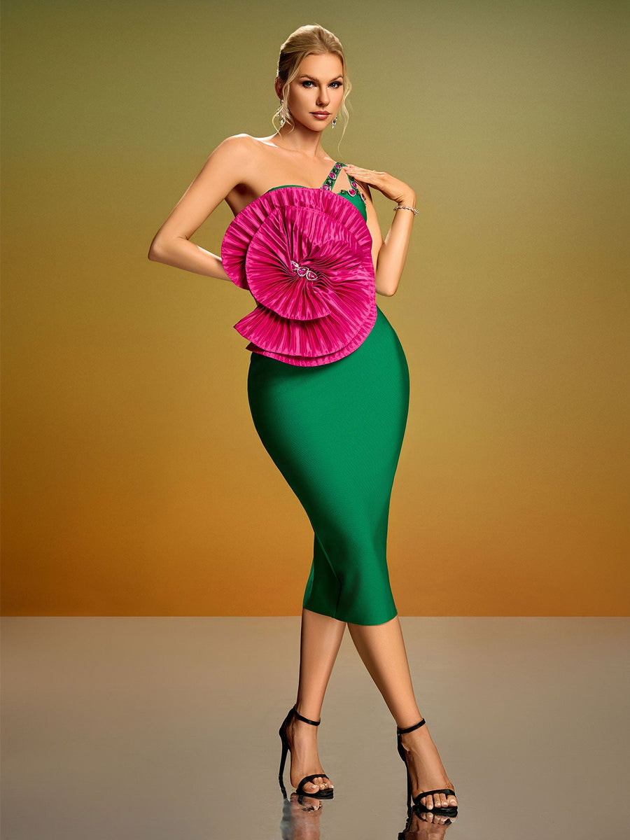 Pleated Flower Crystal Bandage Midi Dress