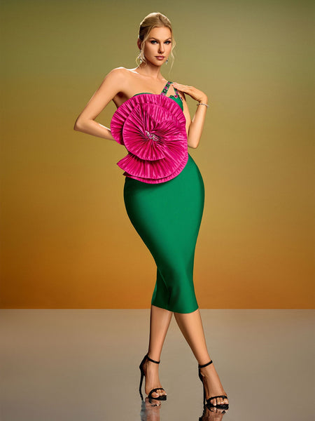 Pleated Flower Crystal Bandage Midi Dress