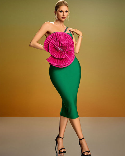 Pleated Flower Crystal Bandage Midi Dress