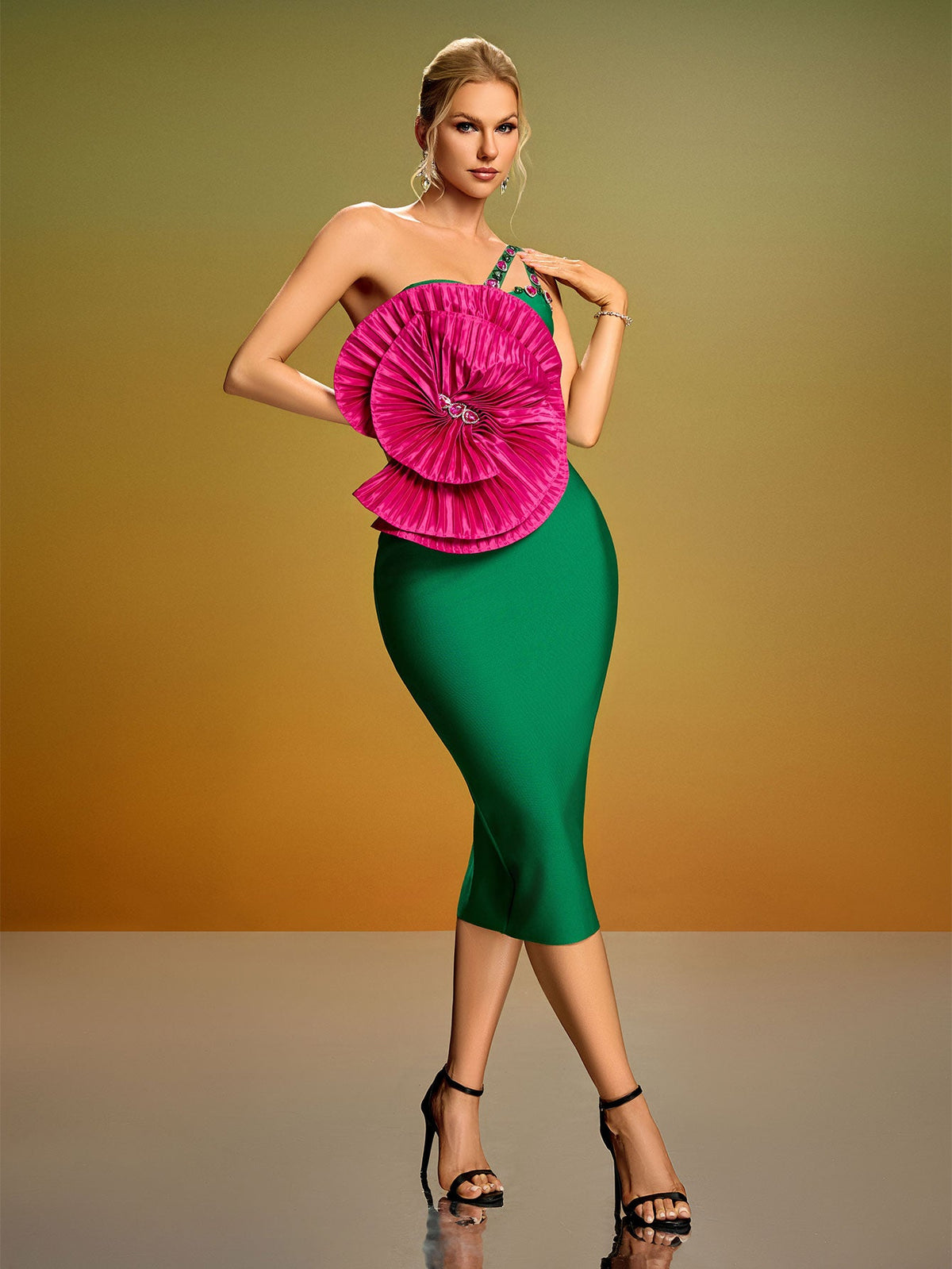 Juliette Fontaine — Pleated Flower Crystal Bandage Midi Dress