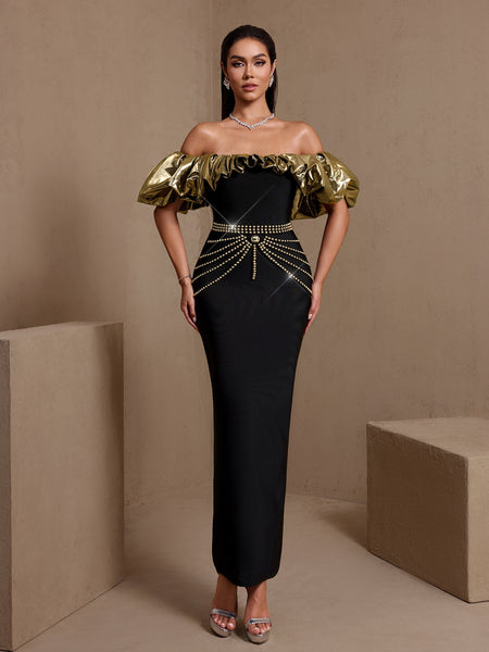 Gold-Ruffled Nail Bead Bandage Dress