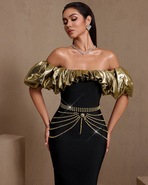 Gold-Ruffled Nail Bead Bandage Dress