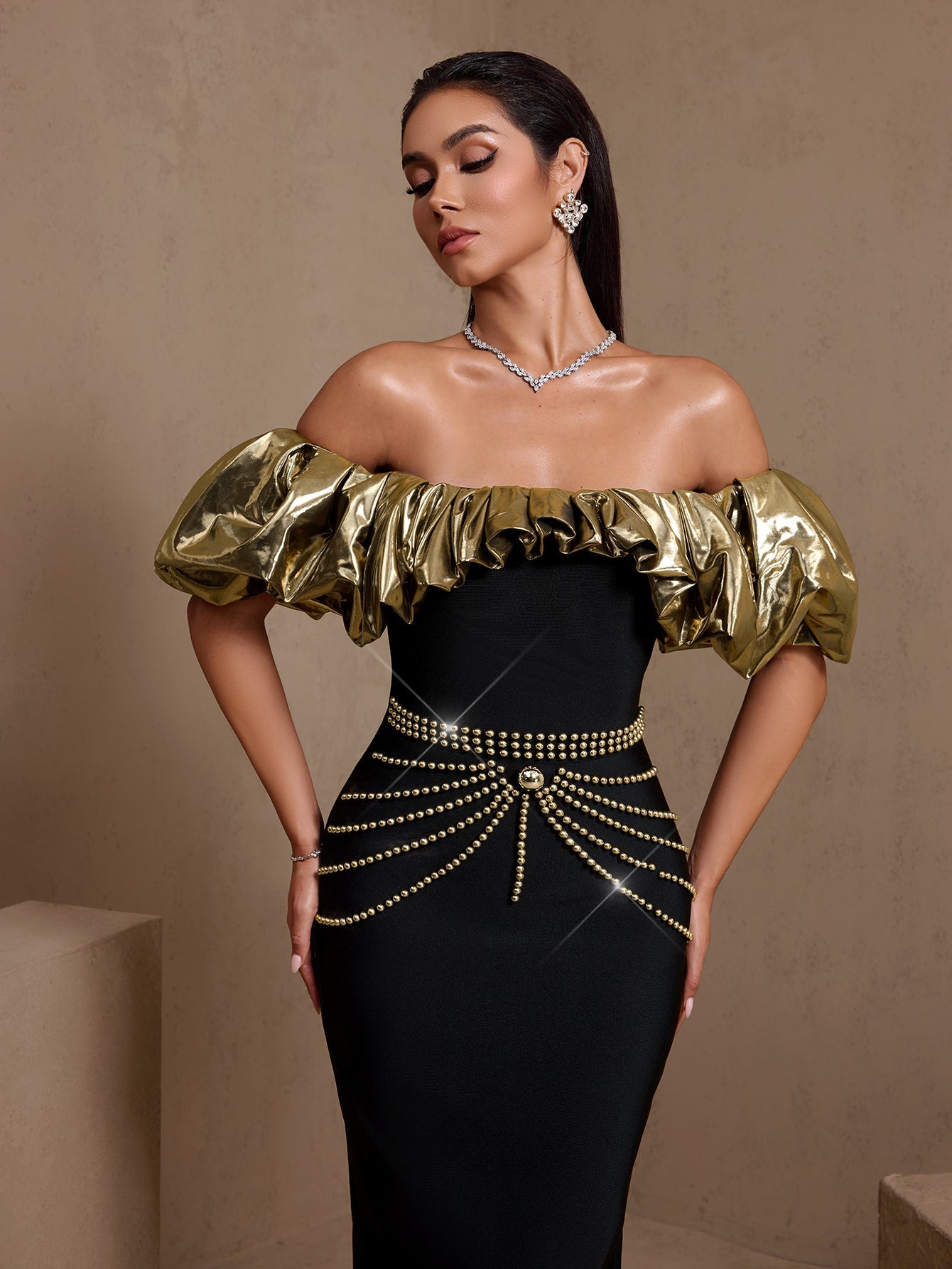 Felicity Moreau — Gold-Ruffled Nail Bead Bandage Dress, alternate view 2