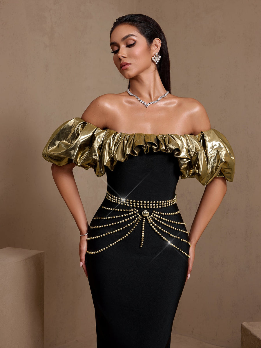 Felicity Moreau — Gold-Ruffled Nail Bead Bandage Dress, alternate view 2