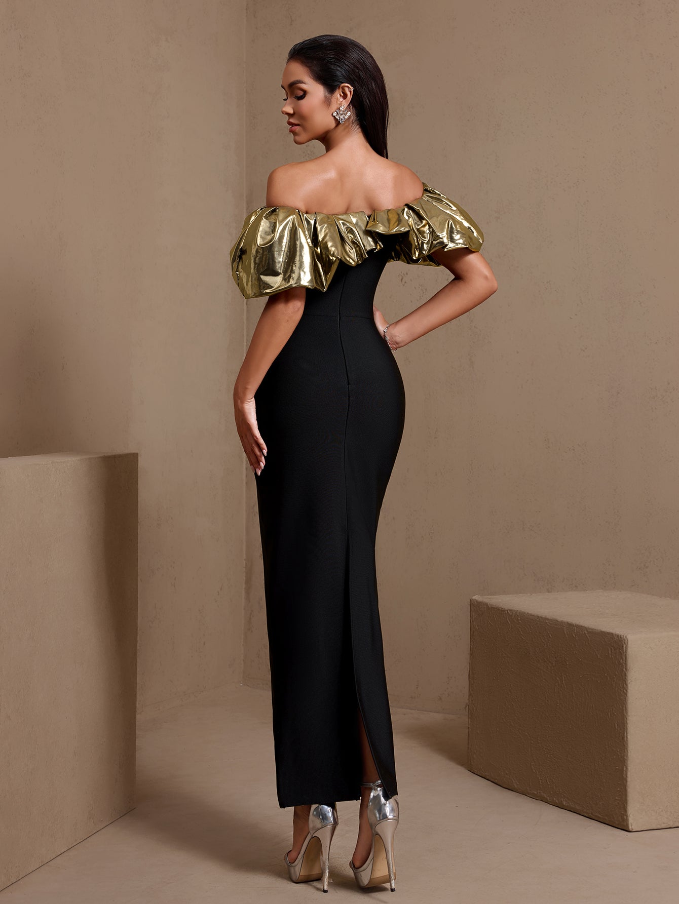 Felicity Moreau — Gold-Ruffled Nail Bead Bandage Dress, alternate view 3