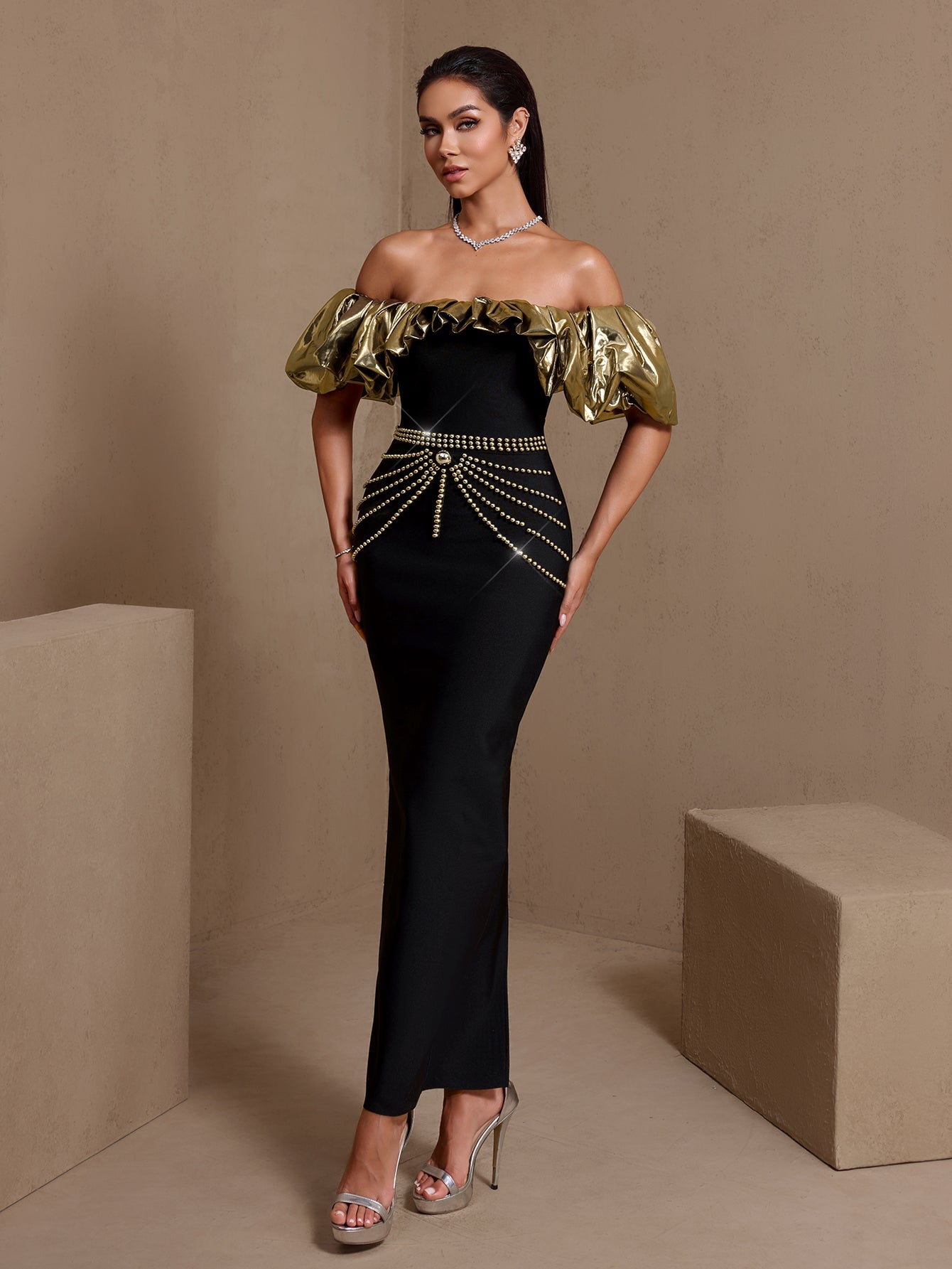 Felicity Moreau — Gold-Ruffled Nail Bead Bandage Dress, alternate view 4