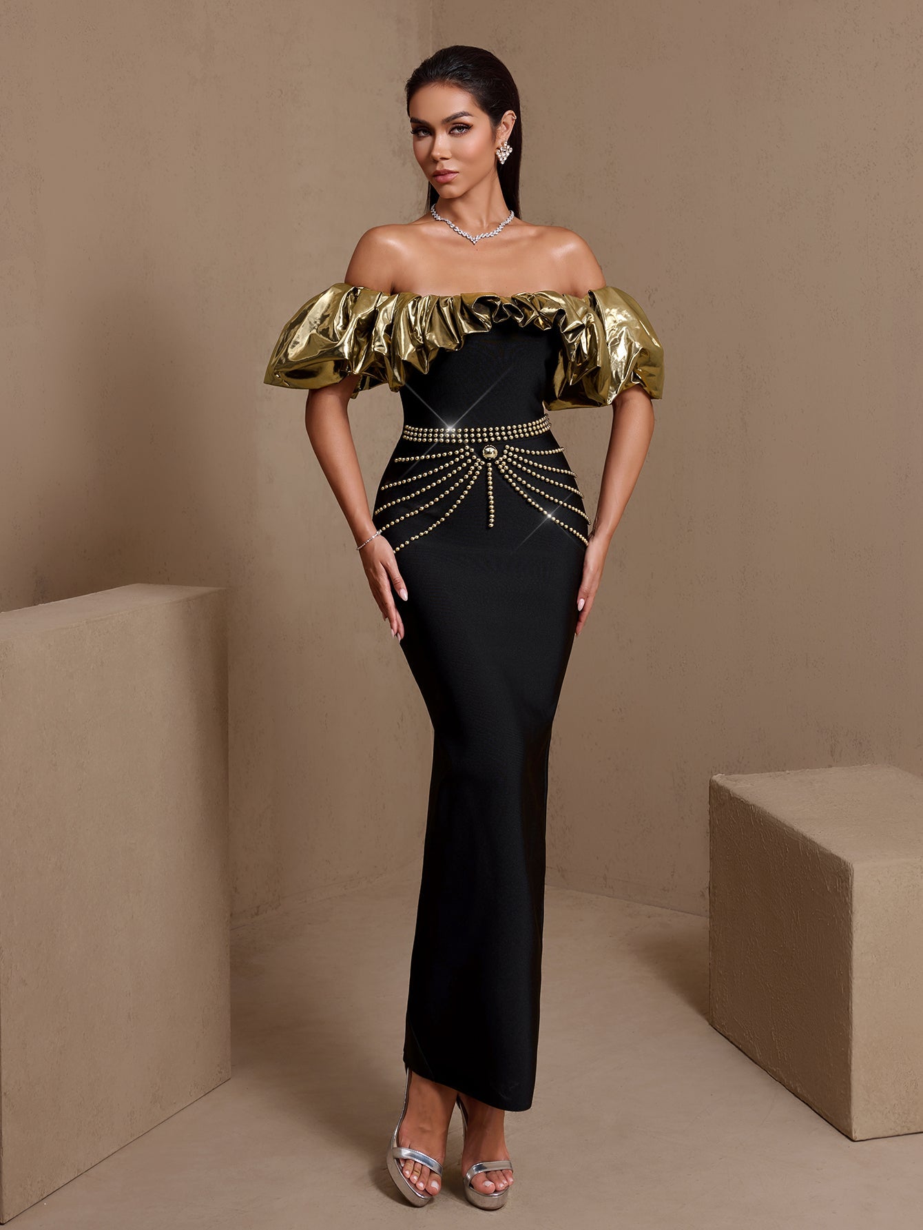 Felicity Moreau — Gold-Ruffled Nail Bead Bandage Dress, alternate view 5