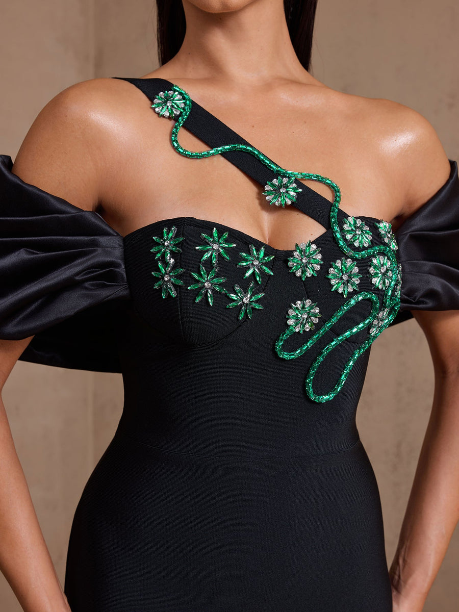 Green Vine Crystal Floral Bandage Dress