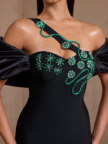 Green Vine Crystal Floral Bandage Dress