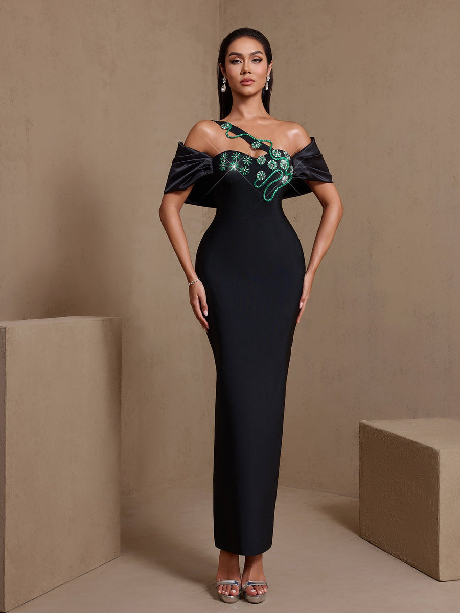 Green Vine Crystal Floral Bandage Dress