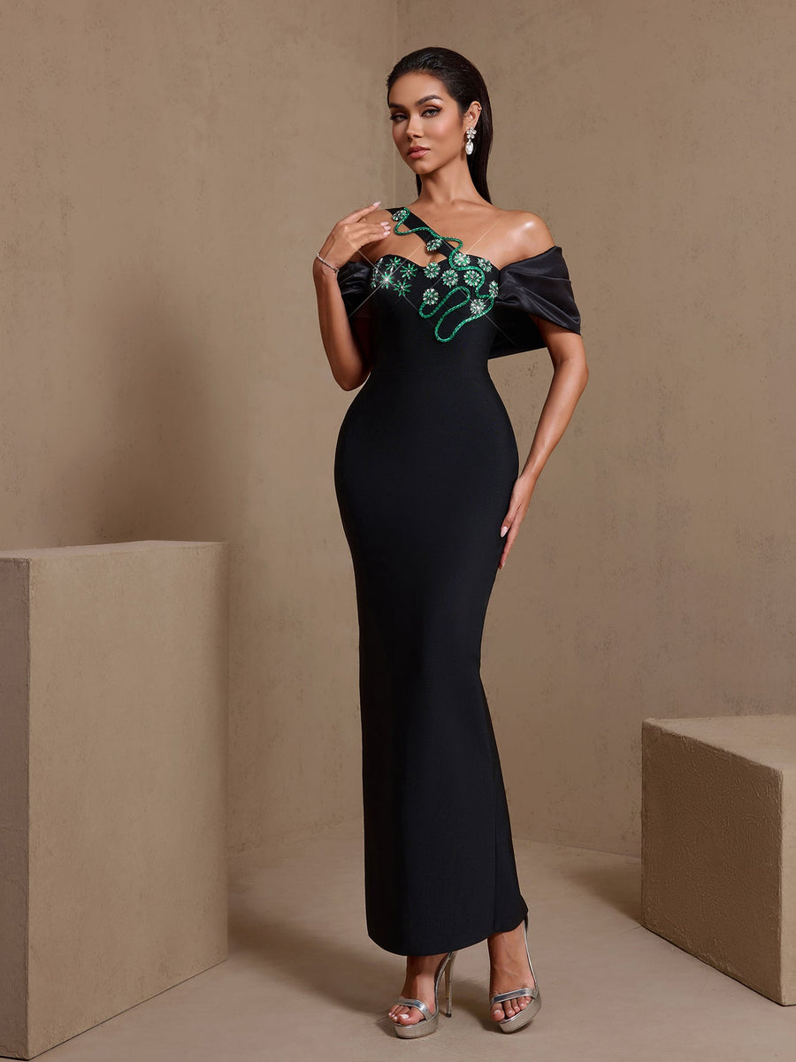 Green Vine Crystal Floral Bandage Dress