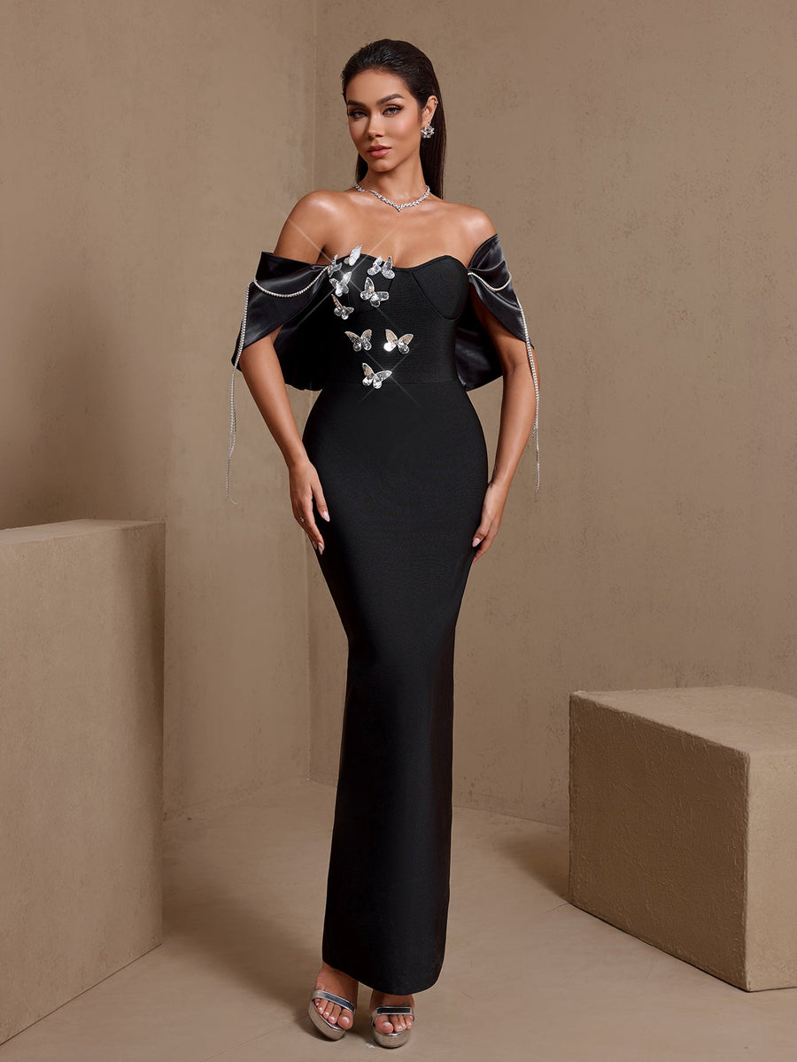 Elise Rivière — Butterfly Design Drill Chain Bandage Dress