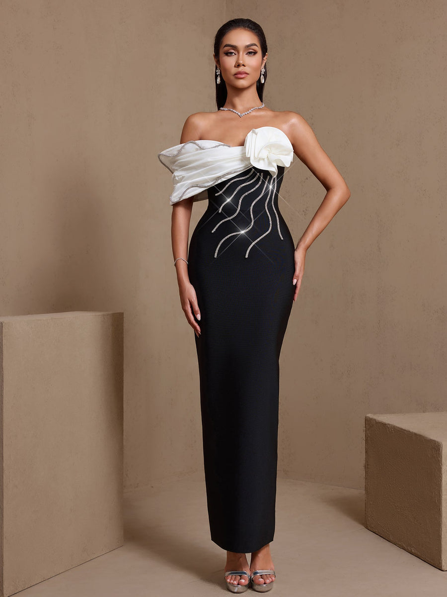 Off Shoulder Rhinestone Flower Bandage Dress