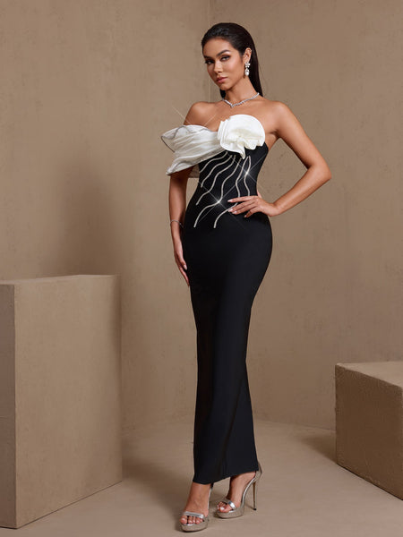 Off Shoulder Rhinestone Flower Bandage Dress