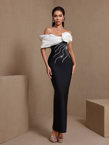 Off Shoulder Rhinestone Flower Bandage Dress