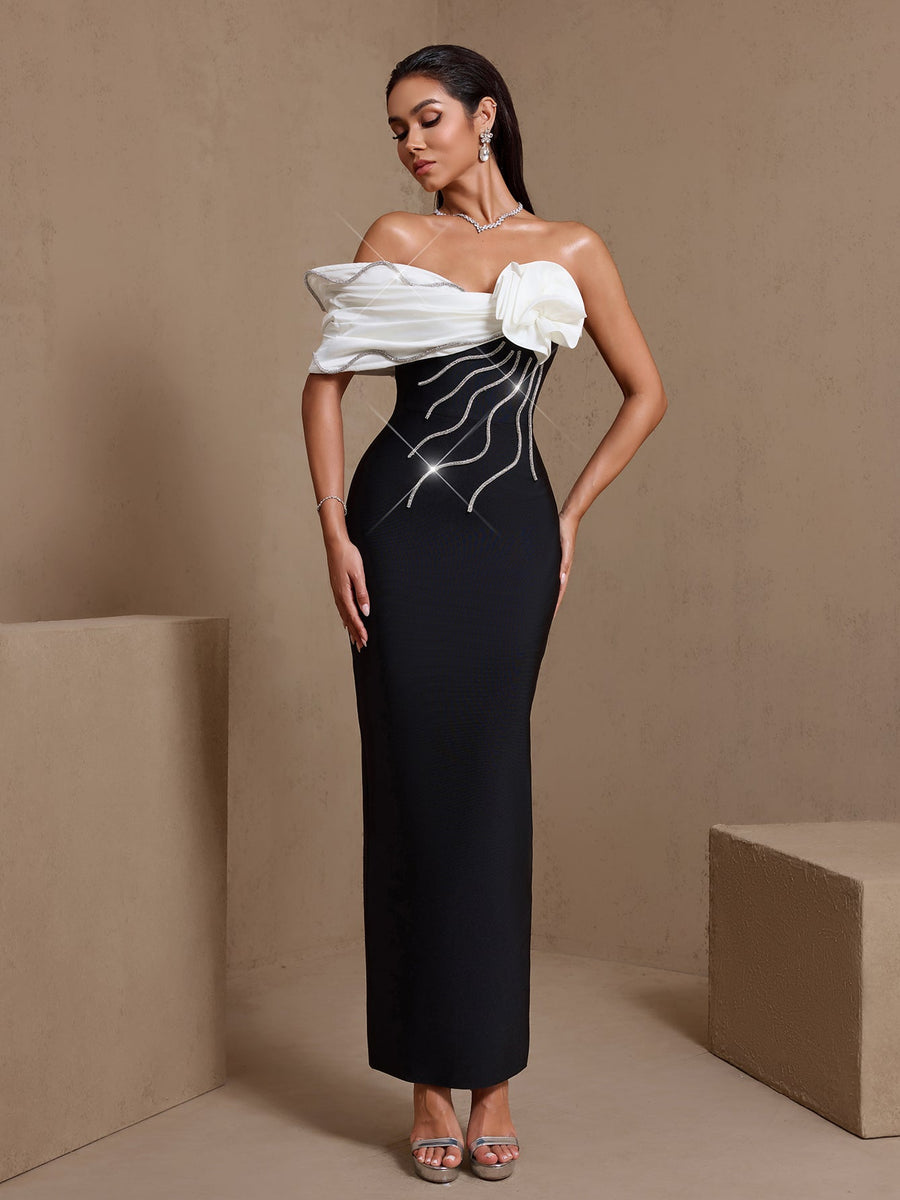 Off Shoulder Rhinestone Flower Bandage Dress