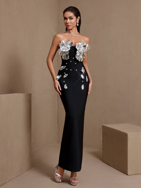 Silver-Plated Flowers Bandage Maxi Dress