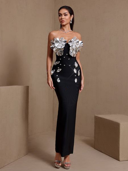 Silver-Plated Flowers Bandage Maxi Dress