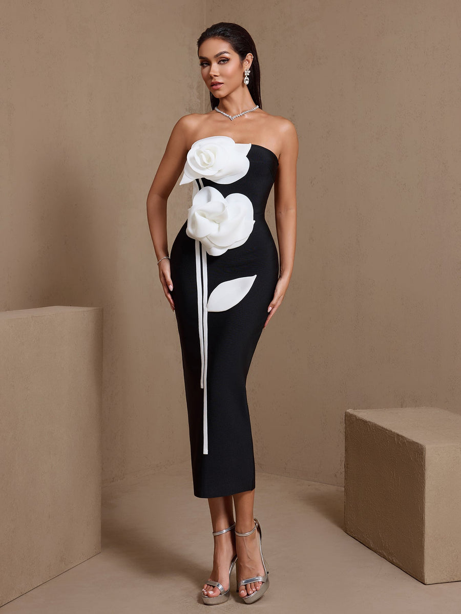 Cressida Moreau — White Floral Applique Strapless Bandage Dress