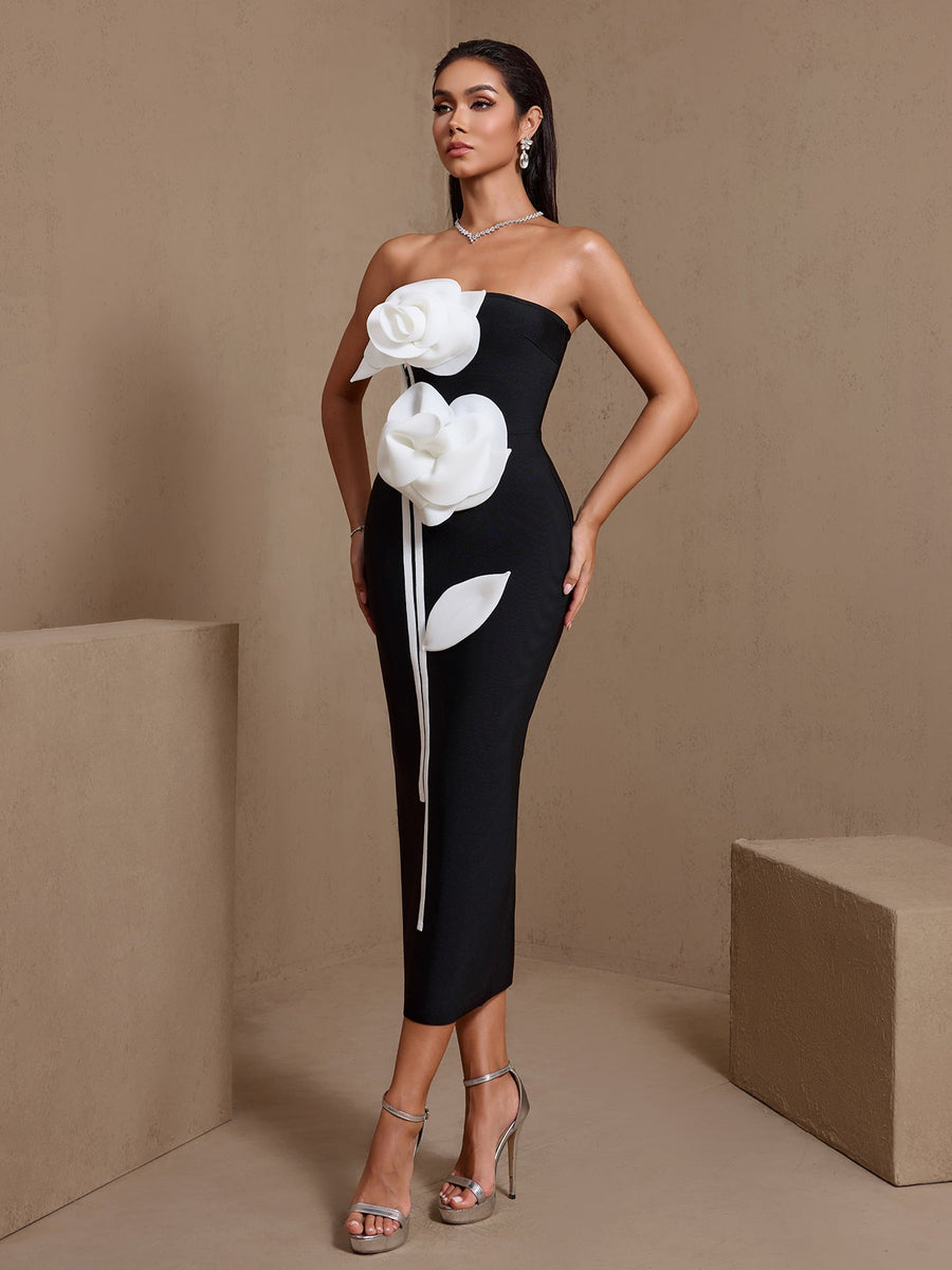 White Floral Applique Strapless Bandage Dress
