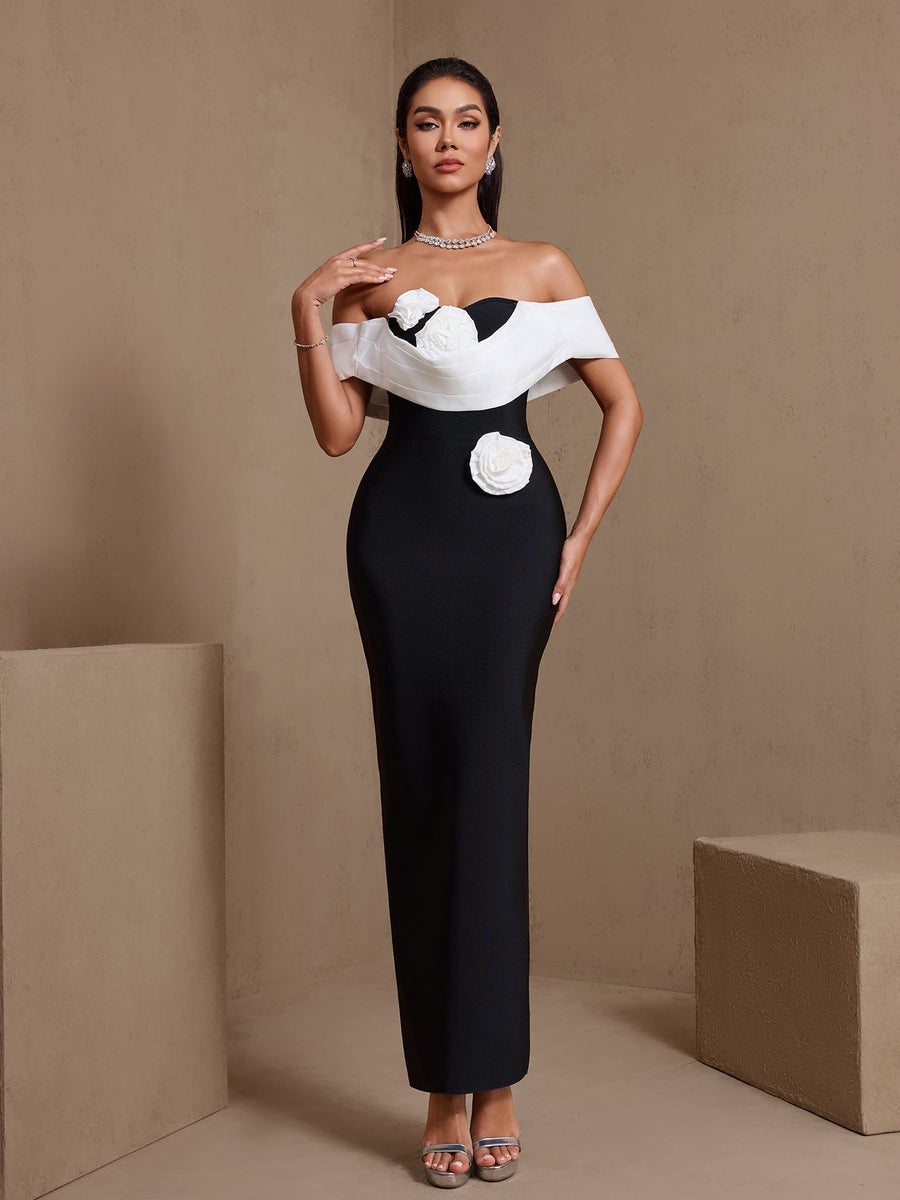 Irregular Design Pleated Flowers Bandage Dress