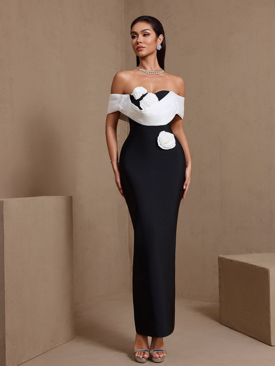 Irregular Design Pleated Flowers Bandage Dress