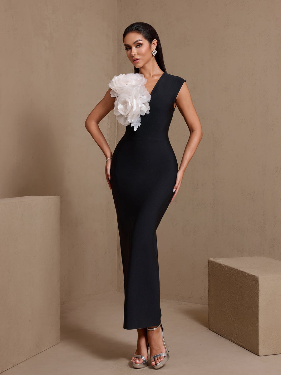 V Neck 3D Flowers Bandage Dress