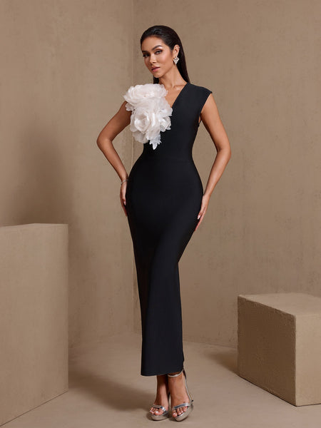 V Neck 3D Flowers Bandage Dress