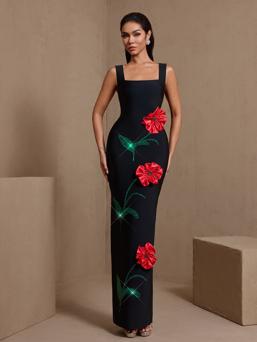 Square Neck Red Flowers Bandage Dress