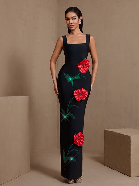 Square Neck Red Flowers Bandage Dress