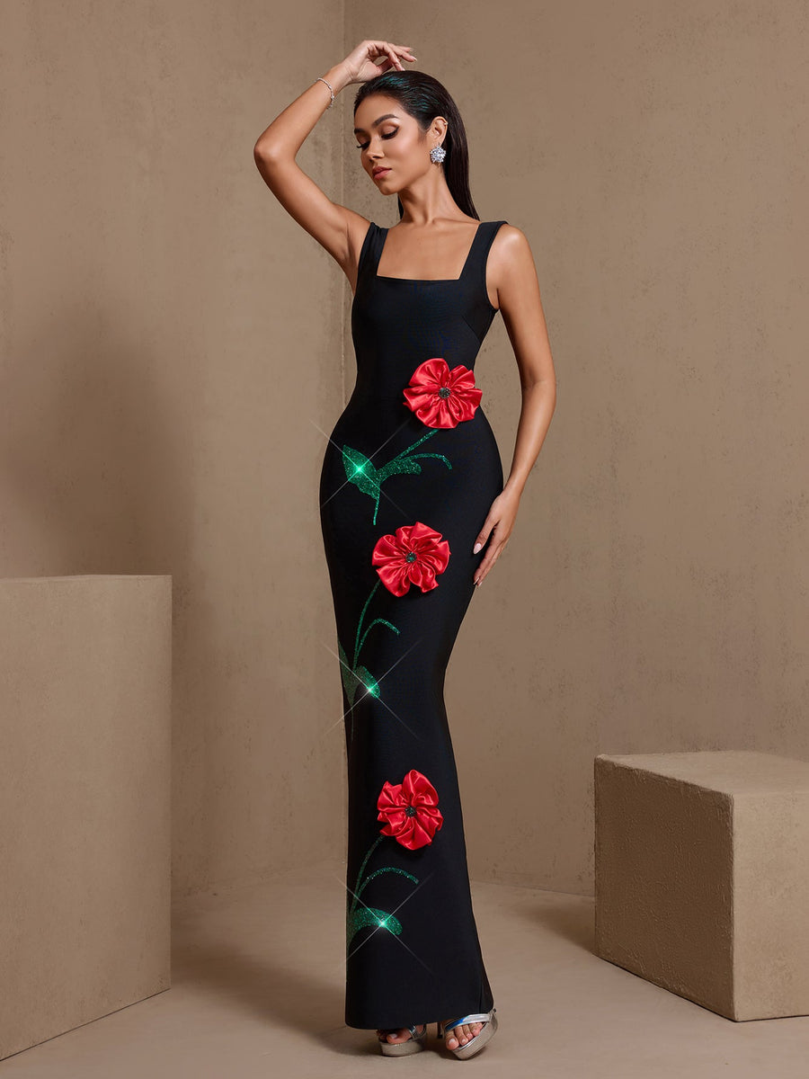 Square Neck Red Flowers Bandage Dress
