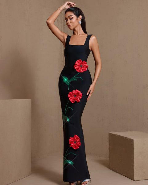 Square Neck Red Flowers Bandage Dress