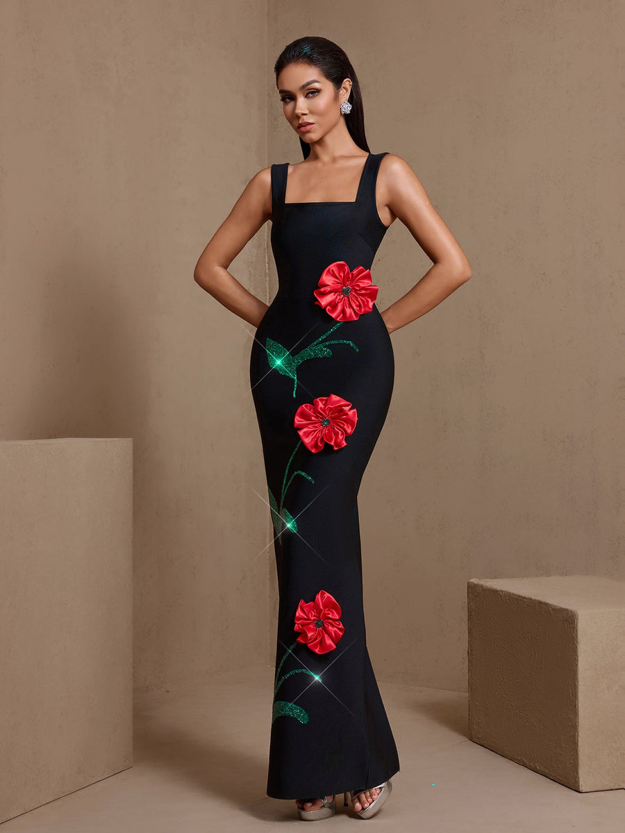 Square Neck Red Flowers Bandage Dress