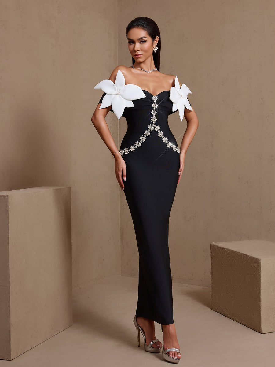 Off Shoulder Flower Crystal Bandage Dress