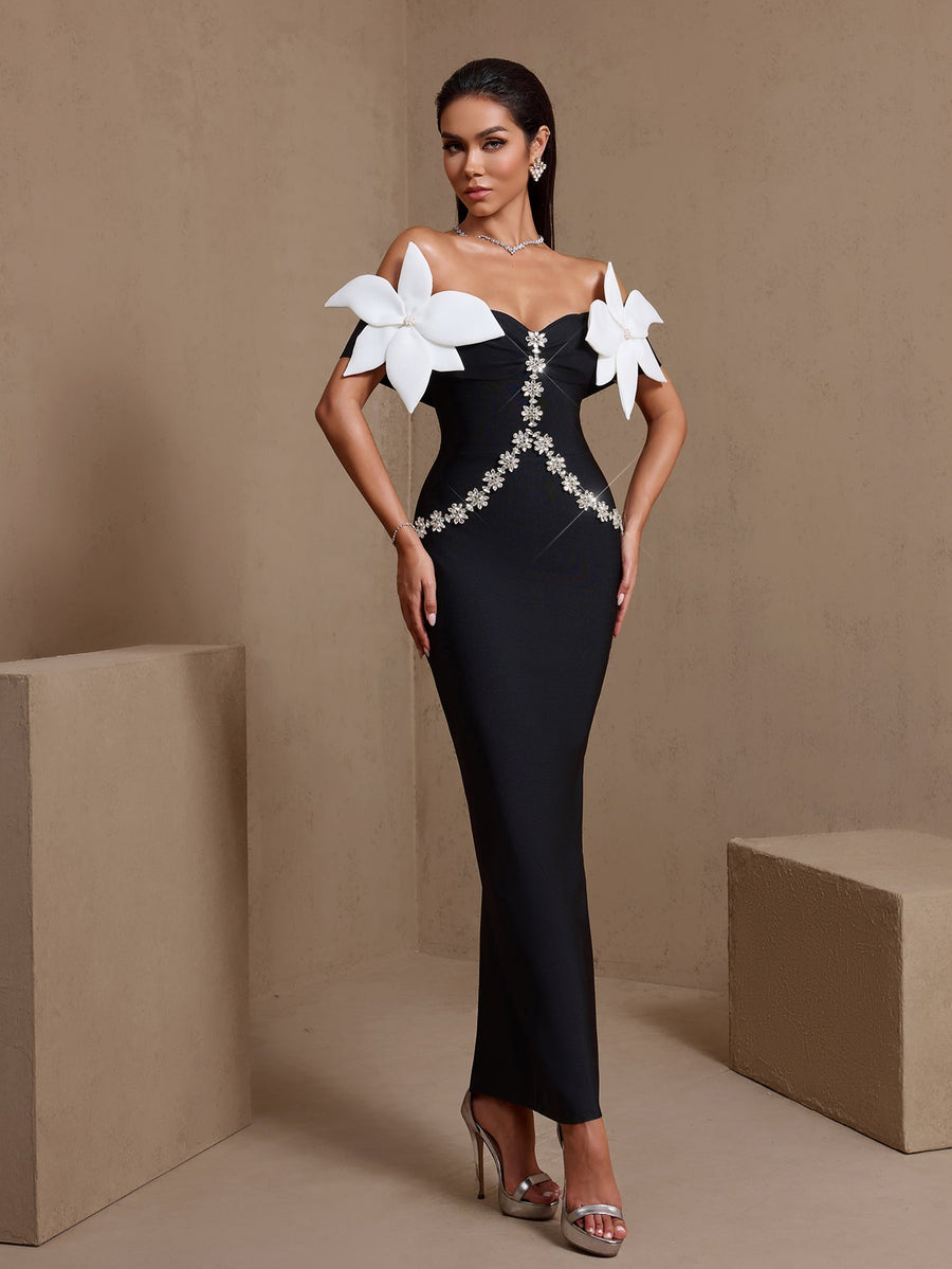 Inès Moreau — Off Shoulder Flower Crystal Bandage Dress