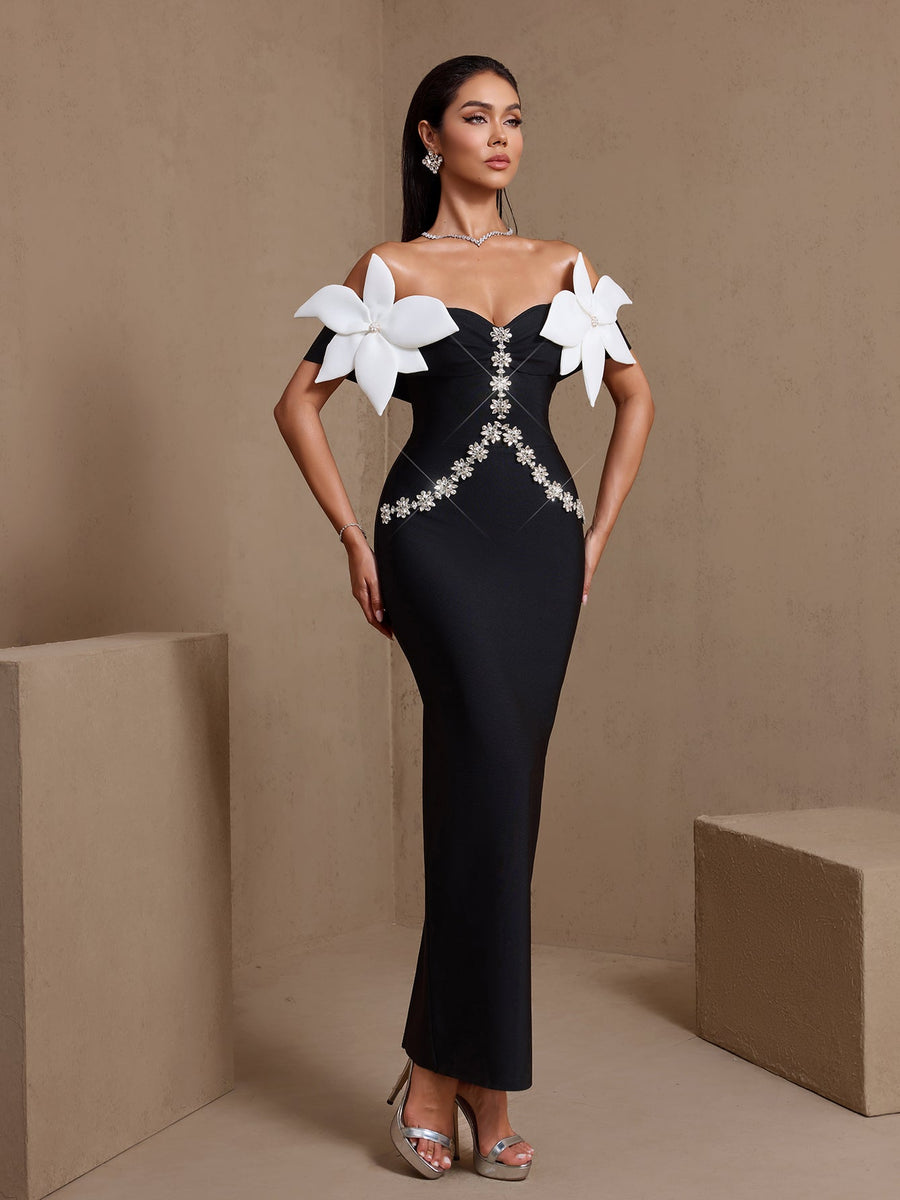 Off Shoulder Flower Crystal Bandage Dress