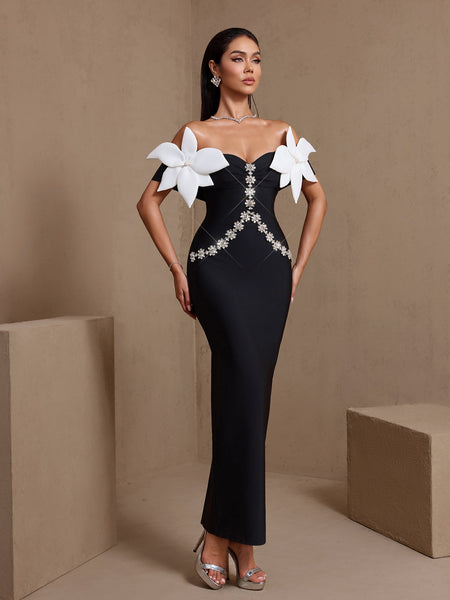 Off Shoulder Flower Crystal Bandage Dress