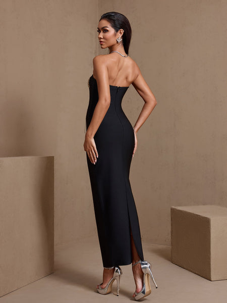 Golden Wheat Crystal Strapless Bandage Dress