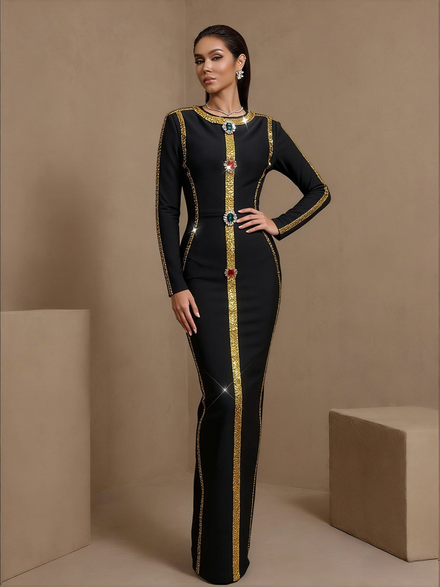 Quintessa Moreau — Gold Sequin Colorful Diamond Bandage Dress