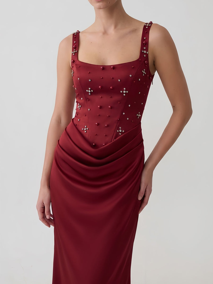 Pearl Rhinestone Draped Satin Maxi Dress