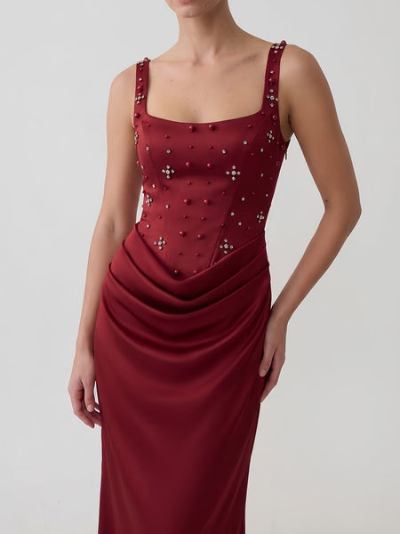 Pearl Rhinestone Draped Satin Maxi Dress