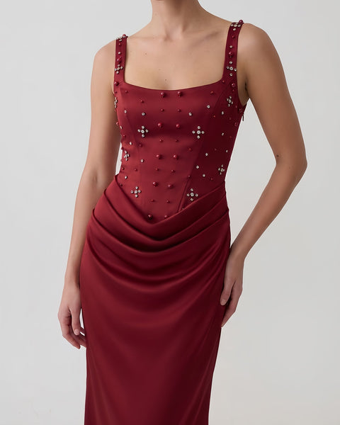 Pearl Rhinestone Draped Satin Maxi Dress