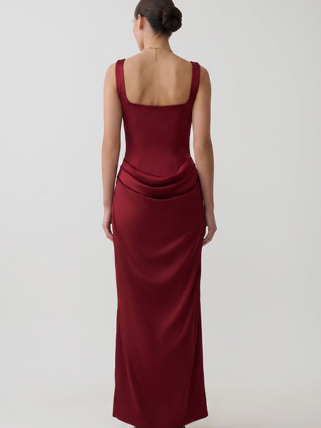Pearl Rhinestone Draped Satin Maxi Dress
