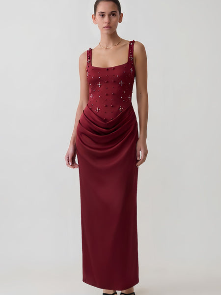 Pearl Rhinestone Draped Satin Maxi Dress