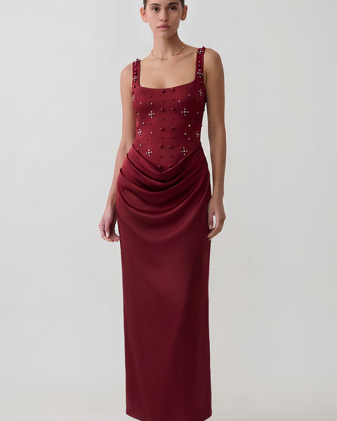 Pearl Rhinestone Draped Satin Maxi Dress