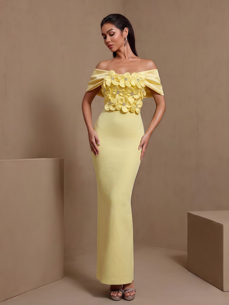 Floréal Varenne — Off-Shoulder Pleated Crystal Floral Bandage Dress, alternate view 4