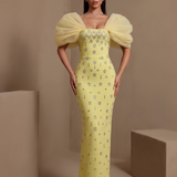Astraea Montrose — Tulle Puff Sleeve Crystal Bandage Dress