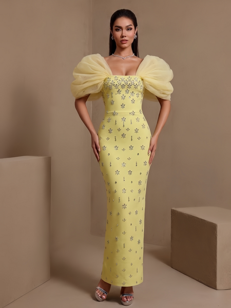 Astraea Montrose — Tulle Puff Sleeve Crystal Bandage Dress