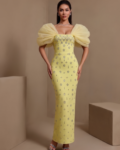 Astraea Montrose — Tulle Puff Sleeve Crystal Bandage Dress